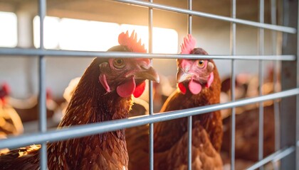 Two hens behind a wire fence in a coop. Sunlight streams through