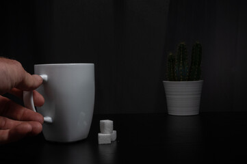 Hand holding mug, sugar cubes, cactus in background