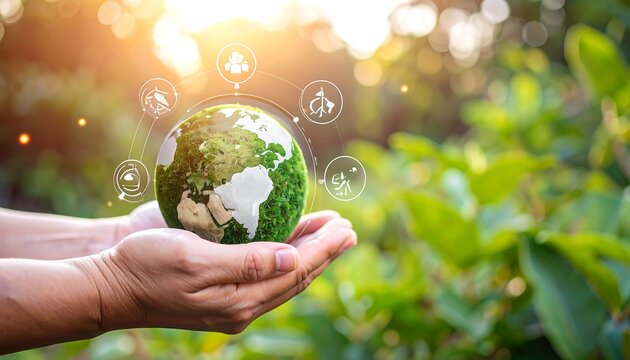 Hands holding a globe, surrounded by environmental icons