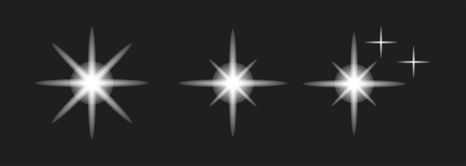 Glowing starburst light sparkle effect on dark background with shining rays. Perfect for decoration, highlights, illumination, or magical fantasy projects. Bright glowing twinkle star vector art.