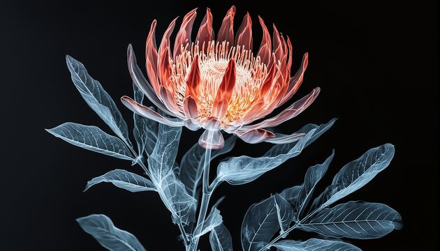 a striking x-ray image reveals the intricate internal structure of a protea flower with luminous orange petals and delicate blue-toned foliage against a stark black background.