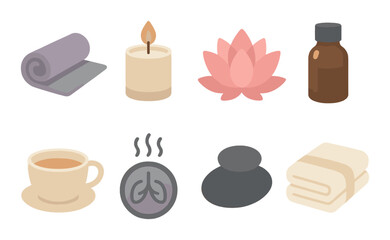Relaxation essentials: candle, lotus, tea, blanket, towel, aroma bottle, stones, steam