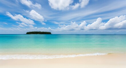 Obraz premium A pristine tropical beach with white sand and clear turquoise water. A peaceful and idyllic paradise island landscape, perfect for a summer vacation or travel concept.