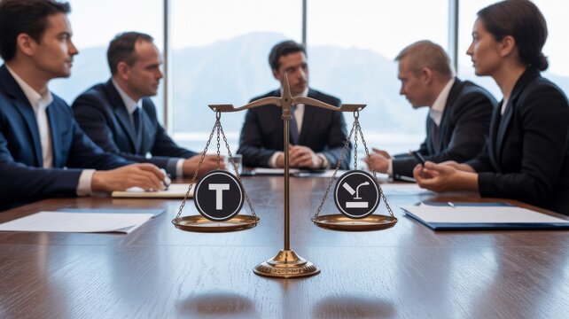 Legal balance scales comparing tokens in business meeting for law and cryptocurrency on transparent background
