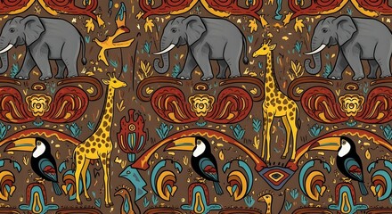 Fototapeta premium A charming seamless pattern displaying majestic elephants, tall giraffes, and colorful toucans nestled among decorative tribal designs and lush foliage on a warm brown background.