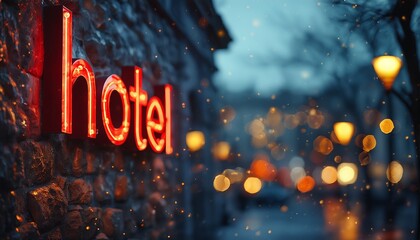 a warmly lit ?�?hotel?�� sign glows against a blurred, bokeh-filled nighttime street scene.