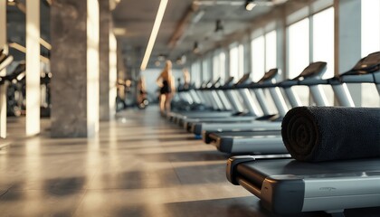 Obraz premium a modern gym interior features rows of treadmills with a rolled towel resting on one in the foreground, bathed in soft light from large windows.