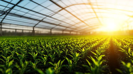 Sunlit Greenhouse with Rows of Young Plants