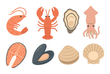 Seafood variety: shrimp, lobster, squid, oyster, salmon, mussel, clam, scallop illustration