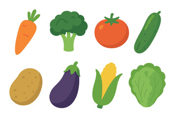 Colorful cartoon vegetables: carrot, broccoli, tomato, cucumber, potato, eggplant, corn, lettuce