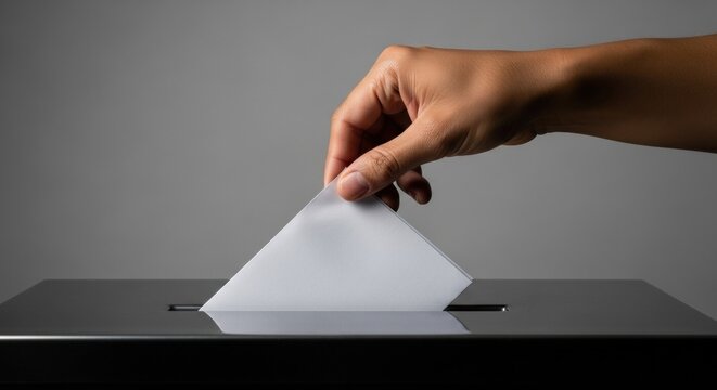 A voter's hand carefully inserts a blank paper ballot into a secure voting box on a grey background.