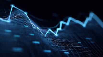 Abstract blue graph line data on a dark background with a depth of field effect