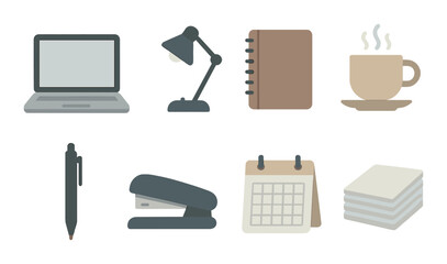Office essentials set: laptop, lamp, notebook, coffee, pen, stapler, calendar, paper