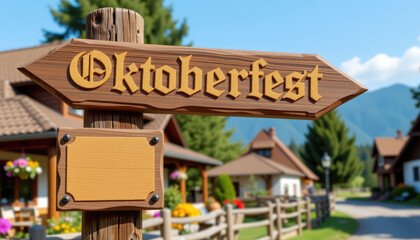 Obraz premium Oktoberfest 3D clay background. Wooden signpost pointing towards Oktoberfest, surrounded by charming houses and scenic mountains under a clear blue sky.