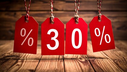 Red sale tags hanging on wooden surface