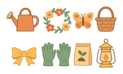 Gardening icon set with watering can, flowers, butterfly, and basket