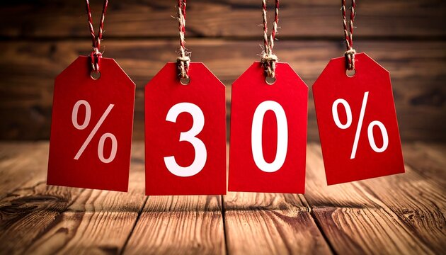 Red sale tags hanging on wooden surface