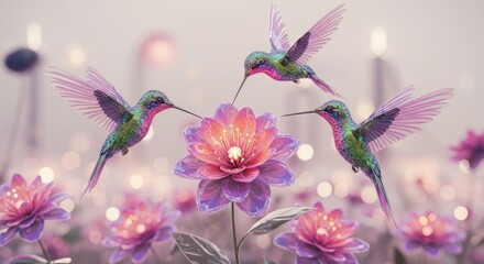 Fototapeta premium Hummingbirds and flowers in pastel colors