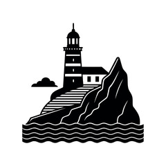 Monochrome image of a coastal lighthouse standing on a rocky promontory