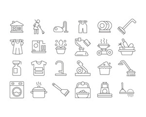 House cleaning icon set. Brush, broom, bucket, cleaner, detergent, dirty, hygiene, spray, towel, water symbol line art style design