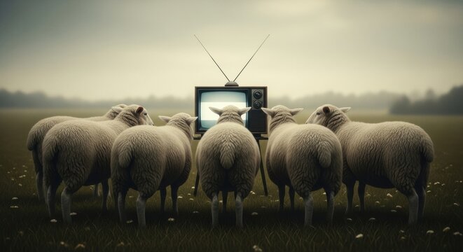 Conceptual art of sheep being influenced by mass media, symbolizing propaganda and a brainwashed society. - Powered by Adobe