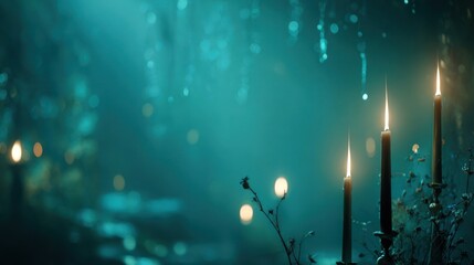 Moody, enchanting scene with teal lighting, candles glowing, and botanical details