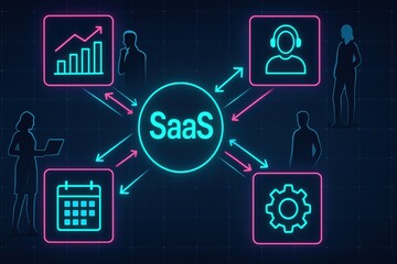 Neon SaaS Concept Illustration with Icons and Connectivity