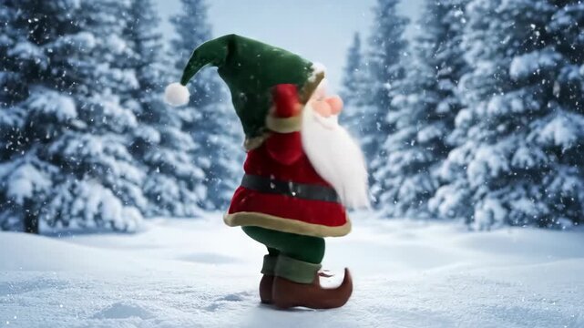A cute and tiny Christmas gnome or tomte with a long white beard and a green hat stands alone in a beautiful and serene snowy forest