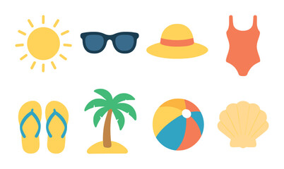 Bright summer essentials: sunglasses, hat, swimwear, and beach accessories