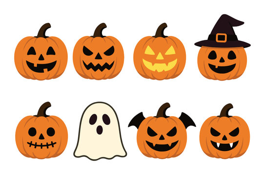 Cartoon halloween pumpkins and ghost with various expressions and accessories