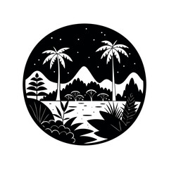 Monochrome Tropical Landscape with Palm Trees, Mountains, and Starry Sky