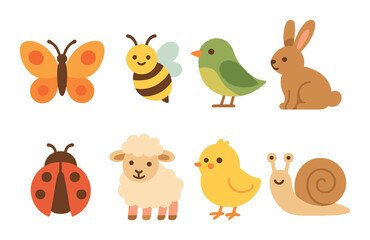 Naklejka premium Cute cartoon animals with butterflies, bees, and forest creatures illustrated