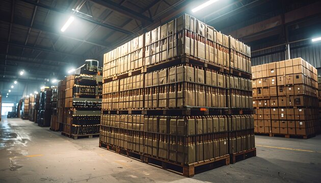 Industrial warehouse interior, stacked wooden pallets