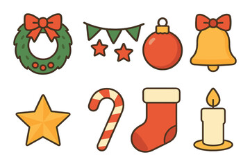 Festive icons: christmas ornaments and decorations on warm background