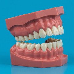Obraz premium Dental model showing healthy teeth and one decayed tooth against a bright blue background