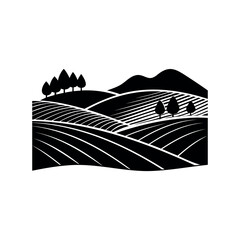 Fototapeta premium Monochrome landscape of terraced hills with trees and mountain range in background