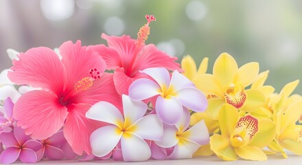 A delightful horizontal array of vibrant pink hibiscus, delicate white and purple plumeria, and cheerful yellow orchids creates a beautiful tropical display.