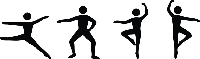 Stickman ballet dancer silhouettes performing graceful ballet and contemporary dance poses for choreography and stage art design