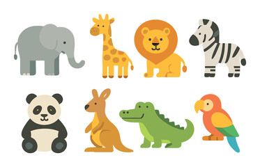 Colorful cartoon animals: elephant, giraffe, lion, zebra, panda, kangaroo, crocodile, parrot