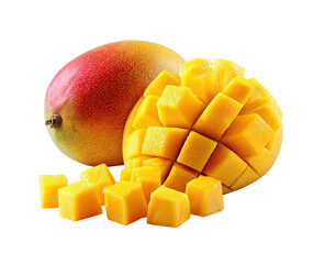Close-up of diced mango next to whole mango