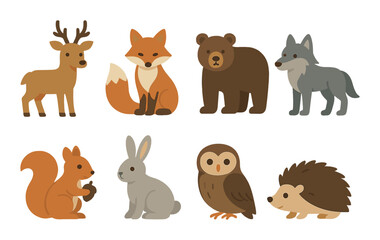 Cute woodland animals illustration featuring deer, fox, bear, wolf, squirrel, rabbit, owl, and hedgehog