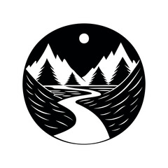 A Circular Nature Scene with Mountains, Trees, River and the Moon