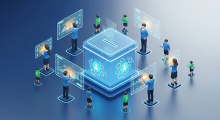 Isometric illustration of a diverse group of people using a futuristic blockchain voting system with holographic interfaces.