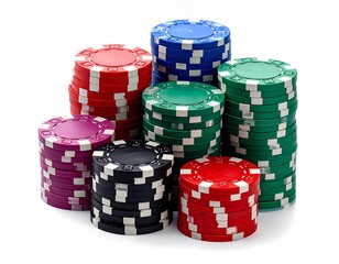 Colorful Stacks of Poker Chips on a White Background

