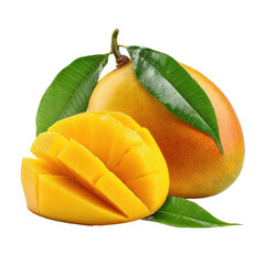 Ripe mango, sliced and whole, with leaves
