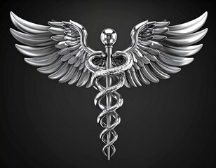 Silver Caduceus Symbol with Wings and Snakes on a Gradient Background


