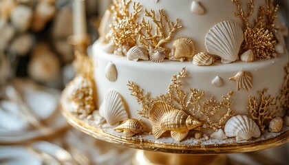 Fototapeta premium a close-up view of a tiered white wedding cake adorned with delicate gold coral and seashell decorations on a gilded cake stand.