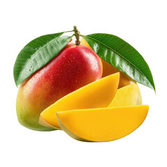 Ripe mango fruit, whole and sliced, with leaves