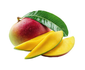 Ripe mango with slices and leaves.  Fresh, juicy fruit