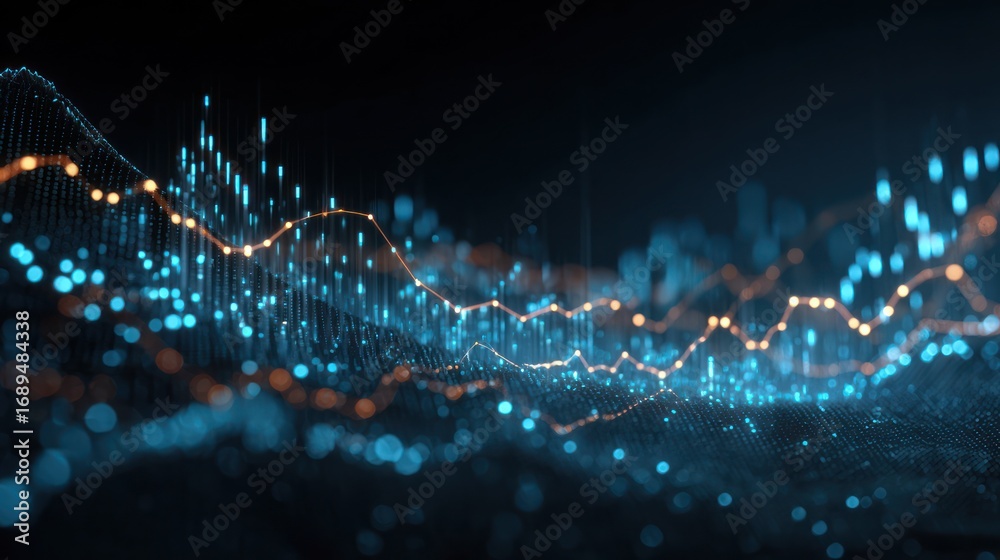 Wall mural abstract digital data visualization of dynamic lines, bokeh, and particles on dark field